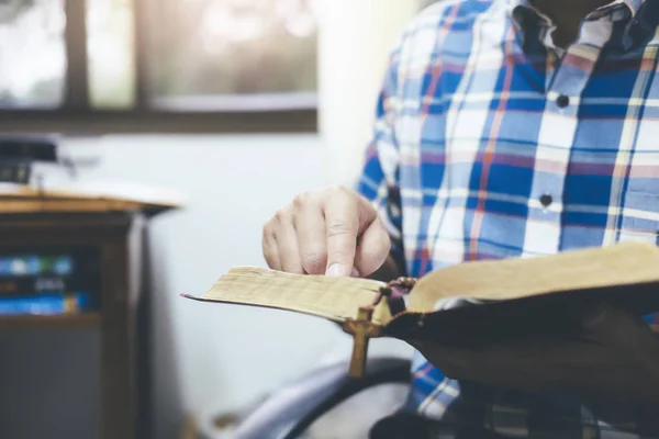 Religion Christianity Concept Man Holding Reading Holy Christian Bible — Stock Photo, Image