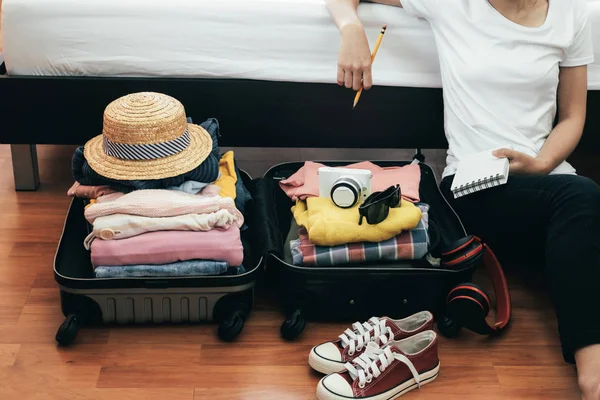 Preparation Vacation Travel Packing His Clothes Stuff Large Opened Suitcase — Stock Photo, Image