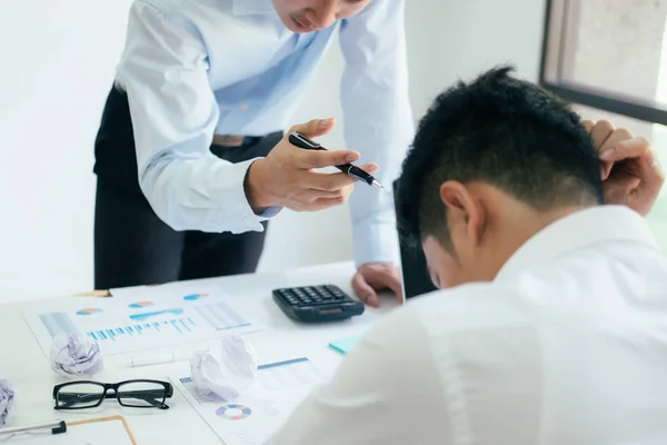 Business Teamwork Blaming Partner Serious Discussion Colleagues Argue Investment Document — Stock Photo, Image