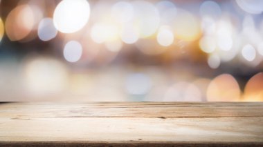 Bokeh soyut arkaplan üzerinde tahta masa üstü ve montaj için kullanılır