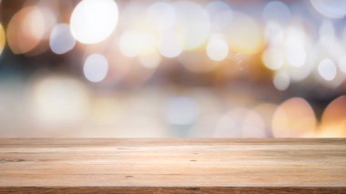 Bokeh soyut arkaplan üzerinde tahta masa üstü ve montaj için kullanılır