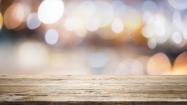 Bokeh soyut arkaplan üzerinde tahta masa üstü ve montaj için kullanılır
