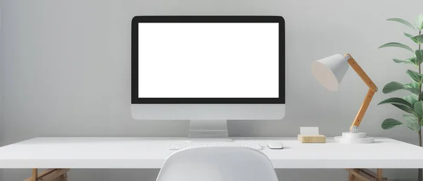 Espaço Trabalho Com Computador Tela Branco Mockup Renderização — Fotografia de Stock