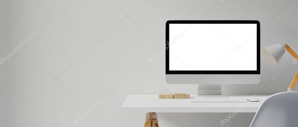 Workspace with mockup blank screen computer. 3D Rendering.