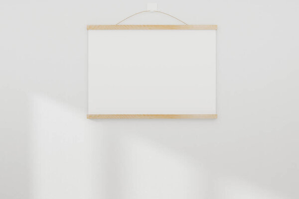 Mockup white realistic empty picture frame on white wall background. 3D Rendered.