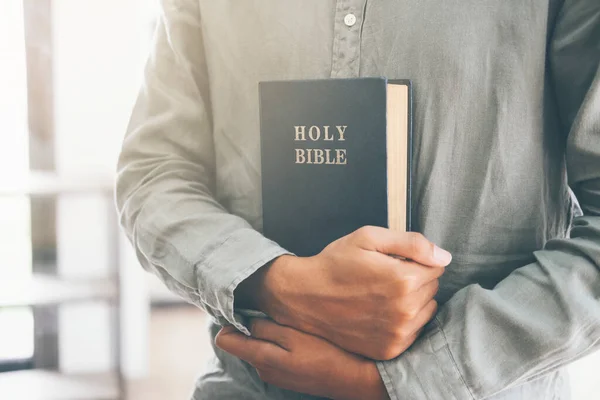 Religion Christianity Concept Man Holding Reading Holy Christian Bible — Stock Photo, Image