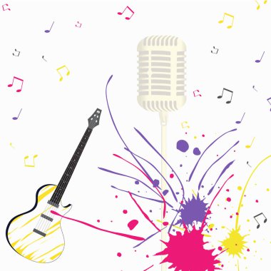 müzik şarkı gitar çok renkli boyalar ve notları bir arka plan üzerinde mikrofon ile