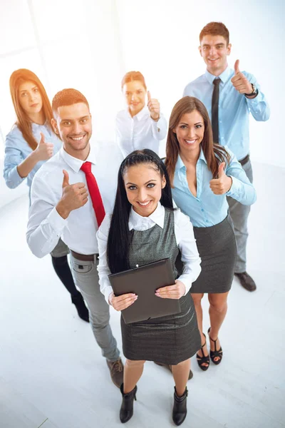 Successful Young Business Team Showing Thumb Looking Camera — Stock Photo, Image