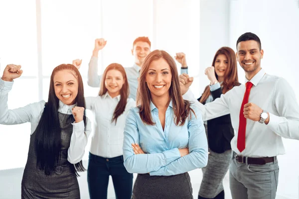 Successful Young Business Team Showing Thumb Looking Camera — Stock Photo, Image