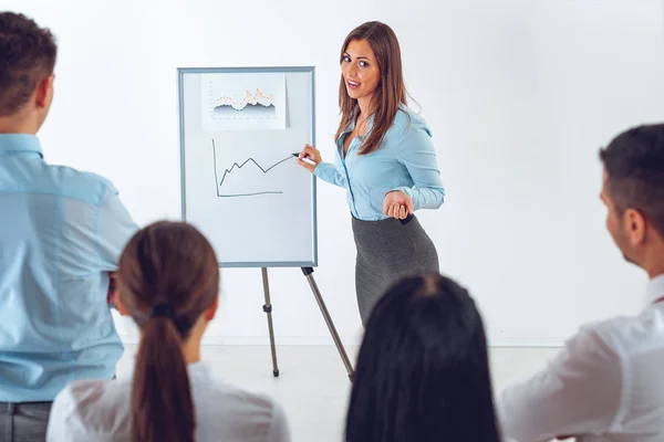 Ung Affärskvinna Står Framför Blädderblock Och Med Presentation — Stockfoto