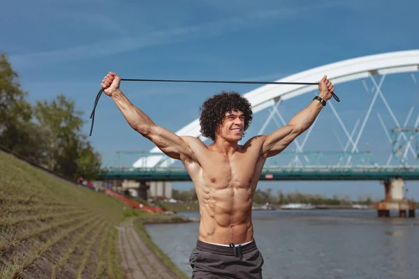 Muscular Young Man Naked Torso Doing Exercise Elastic Rubber Band — Stock Photo, Image