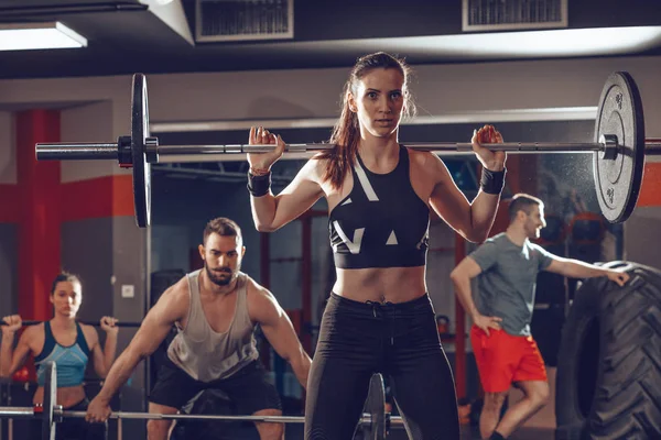 Young Muscular People Doing Exercise Barbell Gym — Stock Photo, Image