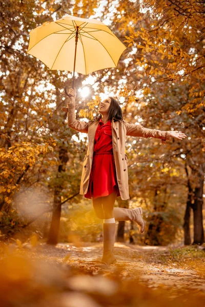 Mujer Joven Caminando Soleado Parque Otoño —  Fotos de Stock