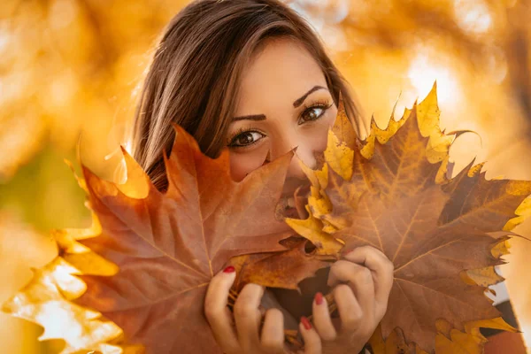 Portrait Young Woman Holding Golden Yellow Leaves — Stock Photo, Image