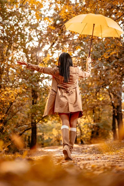 Mujer Joven Con Paraguas Amarillo Caminando Soleado Parque Otoño — Foto de Stock