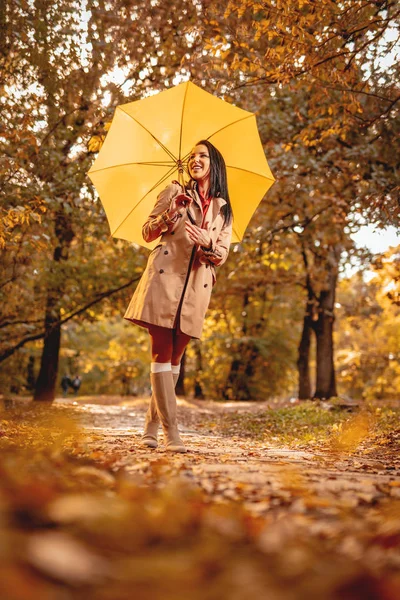 Mujer Joven Con Paraguas Amarillo Caminando Soleado Parque Otoño —  Fotos de Stock