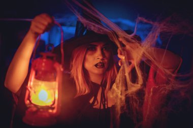 Cadı çok yüz ve ürpertici sisli çevresi gönderir kötü onun elinde ışıklı fener ile portresi.