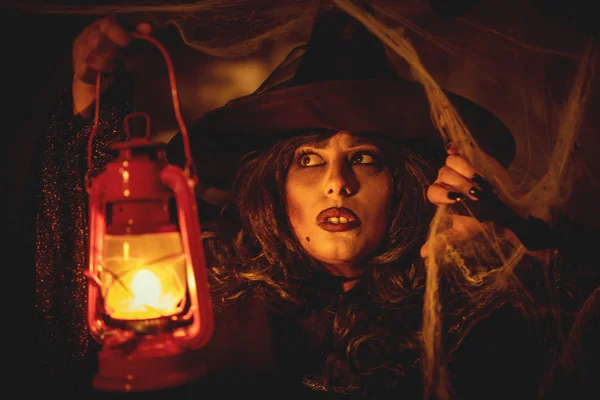 Portrait Witch Awfully Face Lighted Lantern Her Hand Creepy Foggy — Stock Photo, Image