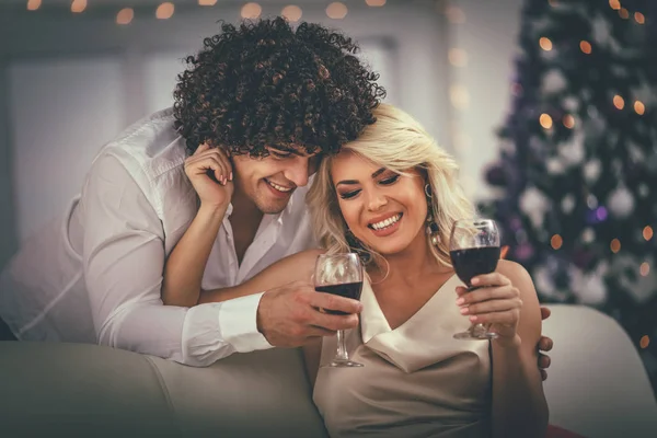 Young Cheerful Couple Celebrating Christmas Home — Stock Photo, Image