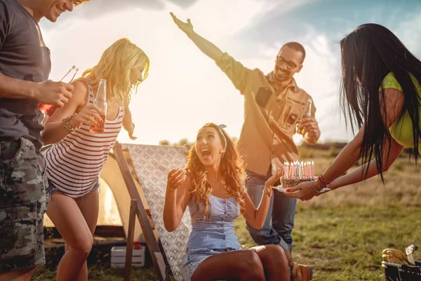 Young People Have Good Time Camp Nature Celebrating Birthday Laughing — Stock Photo, Image