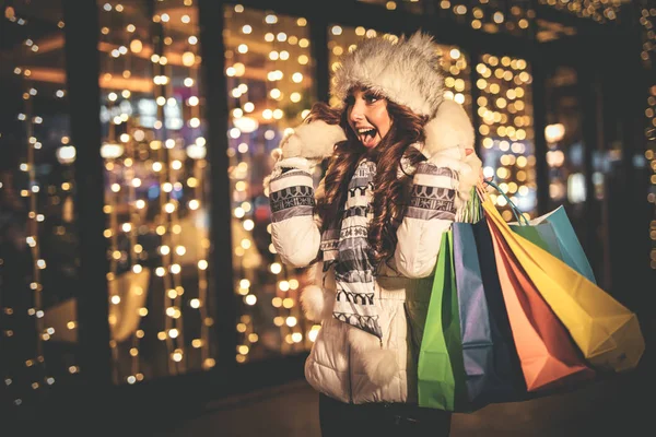 Young Woman Colorful Shopping Bags Having Fun City Street Christmas — Stock Photo, Image