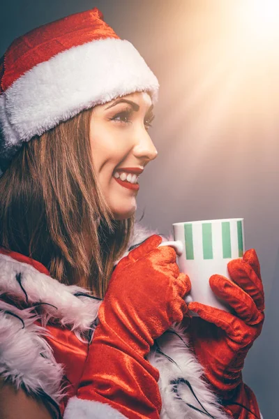 Portrait Young Smiling Woman Santa Claus Costume Holding Cup Hot — Stock Photo, Image