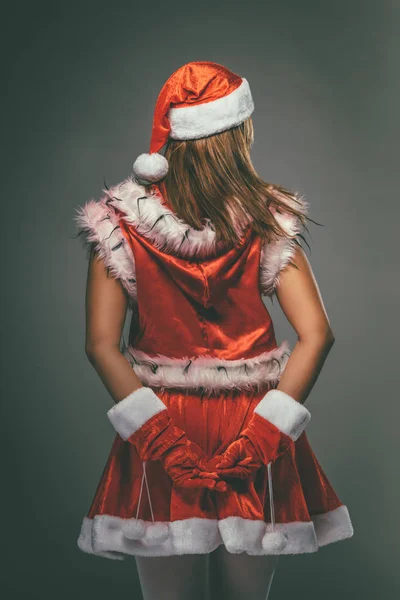 Rear View Young Woman Santa Claus Costume Grey Background — Stock Photo, Image