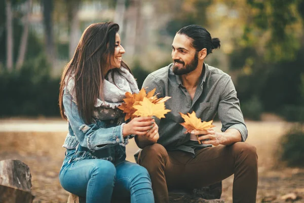 Cheerful Couple Sitting Old Dry Tree Trunk Autumn Park — Stock Photo, Image