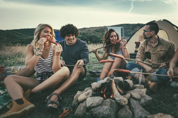 Щасливі Молоді Друзі Смажать Ковбаски Їдять Сміються Пікніку — стокове фото