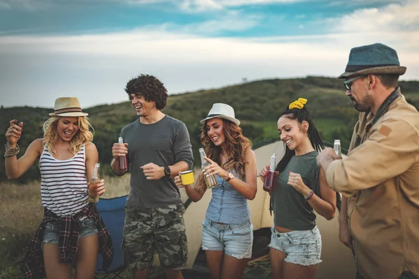 Group Young Friends Spending Good Time Picnic Wild Landscape — Stock Photo, Image