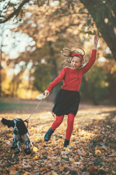 夕暮れの秋の森で犬と遊んで幸せな少女 — ストック写真