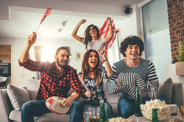 Group Cheerful Friends Watching Football Game Beer Home — Stock Photo, Image