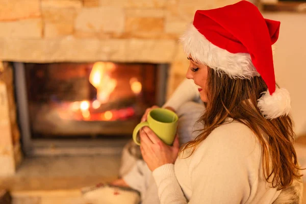 Young Smiling Woman Drinking Cup Tea Fireplace Home — Stock Photo, Image