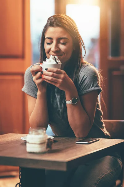 Smiling Young Woman Drinking Coffee Whipped Cream Cafe — Stock Photo, Image