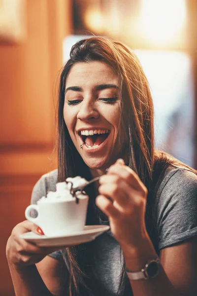 Smiling Young Woman Drinking Coffee Whipped Cream Cafe — Stock Photo, Image