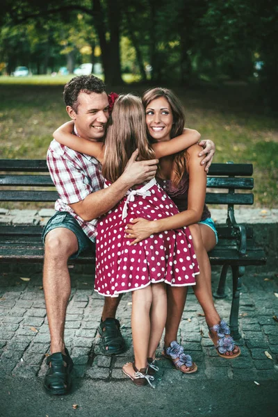 Little Girl Red Dress Having Good Time Parents Park — Stock Photo, Image