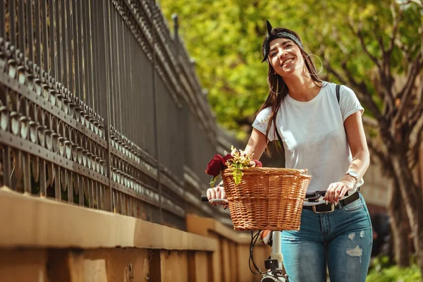 Young Woman Riding Bike City Street Summer Sunny Day — Stock Photo, Image