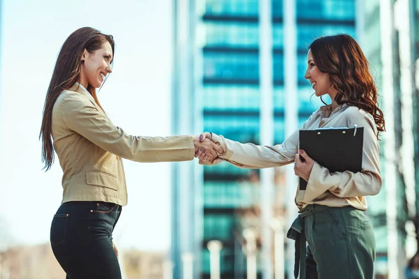 Dos Mujeres Negocios Estrechando Las Manos Después Buen Trato — Foto de Stock