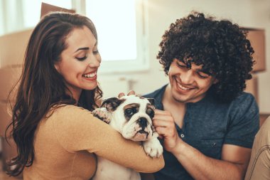 young couple playing with little bulldog puppy in new home