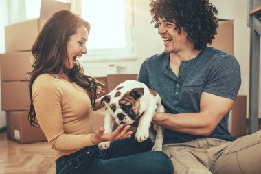 young couple playing with little bulldog puppy in new home