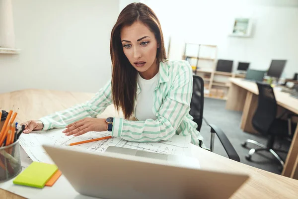 Young Serious Pensive Businesswoman Working Computer Office — Stock Photo, Image