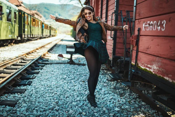 Cheerful Young Woman Having Fun Retro Train — Stock Photo, Image