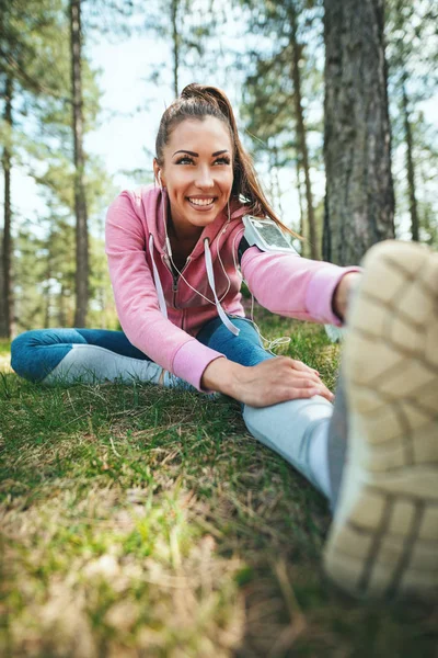 Happy Woman Pastel Sportswear Listening Music Stretching Sunny Forest — Stock Photo, Image