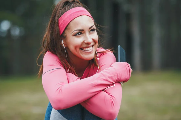 Young Happy Woman Listening Music Jogging Green Forest — Stock Photo, Image