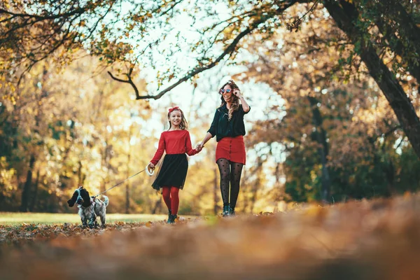 若い母親はスタイリッシュな日没で暖かい秋の森歩きの娘 — ストック写真