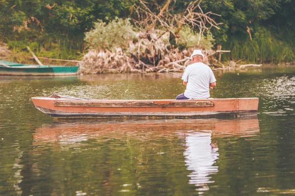 Rear View Senior Man Fishing Wooden Boat Lake — Stock Photo, Image