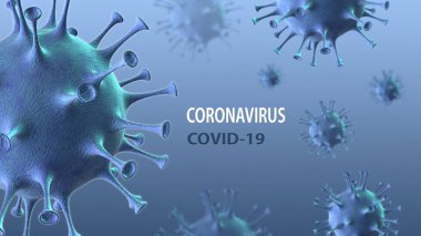 Coronavirus hastalığı COVID-19 tıbbi web pankartı SARS-CoV-2 virüs molekülü ve arkaplanda yazı. Dünya salgını 2020. Yatay 3B illüstrasyon.