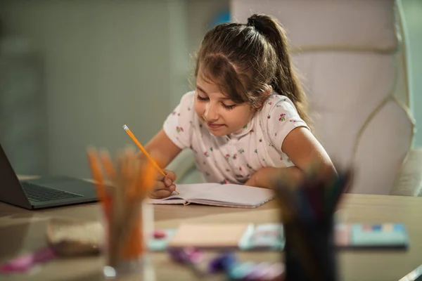 Shot Diligent Little Girl Doing Homework Assignment Home Covid Pandemic — Stock Photo, Image