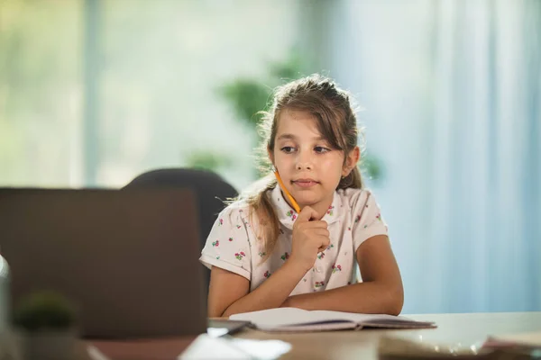 Shot Diligent Little Girl Using Laptop Online Lesson Home Covid — Stock Photo, Image