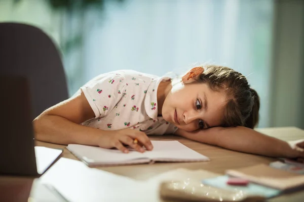 Shot Tired Little Girl Using Laptop Online Lesson Home Covid — Stock Photo, Image